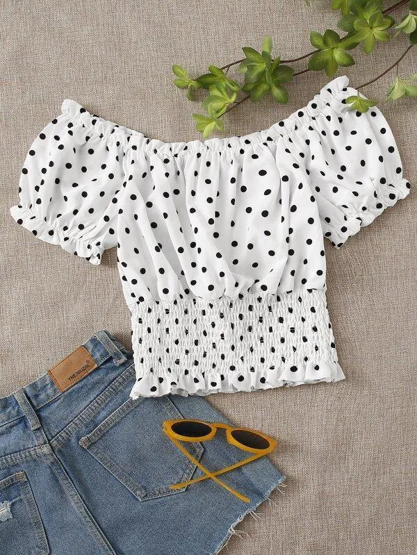 Polka Dot Shirred Milkmaid Blouse